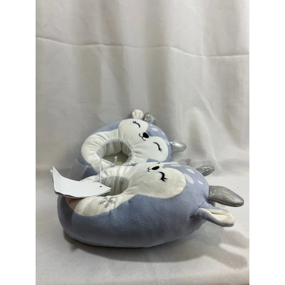 Squishmallows Blue Deer Plush Slippers Kids Size 13/1 Silver Antlers Snowflake